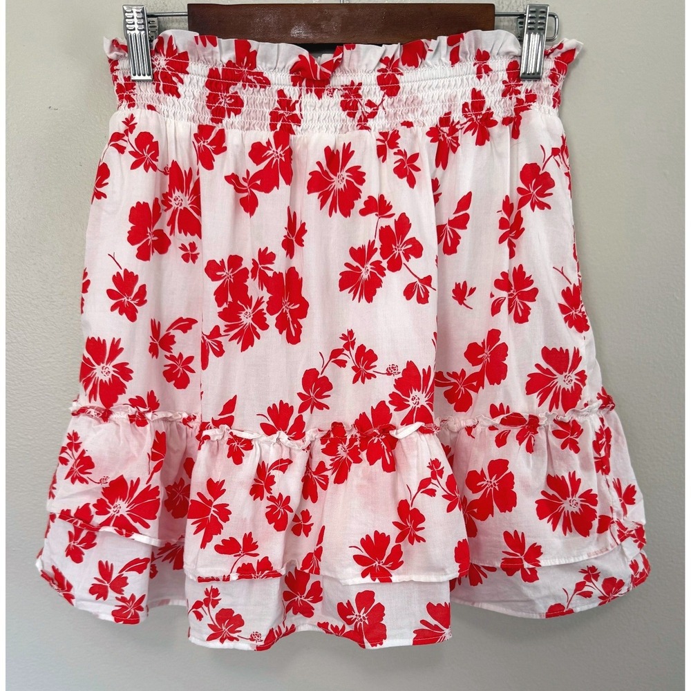 J.Crew Re-Imagined Red Blue Floral Smocked Waist Ruffle Cotton Mini Skirt Sz S